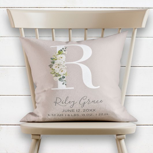 Blush Floral Letter R Monogram Baby Birth Stats Kissen
