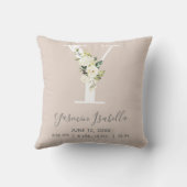 Blush Floral Letter Y Monogram Baby Birth Stats Kissen (Rückseite)