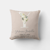 Blush Floral Letter Y Monogram Baby Birth Stats Kissen (Vorderseite)