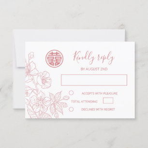 Blush Floral Line Art Chinese Wedding RSVP Einladung