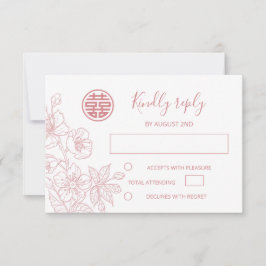 Blush Floral Line Art Chinese Wedding RSVP Karte