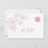 Blush Floral Line Art Chinese Wedding RSVP Karte (Rückseite)