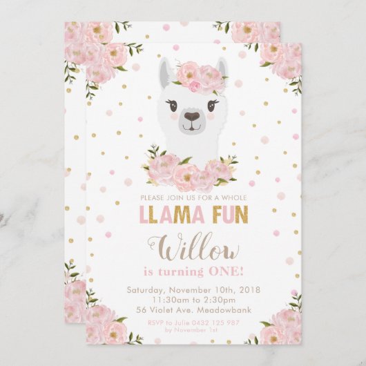 Blush Floral Llama Birthday Einladung (Vorne/Hinten)
