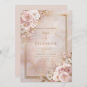 Blush Floral Marble Gilded Frame Wedding Einladung (Vorne/Hinten)
