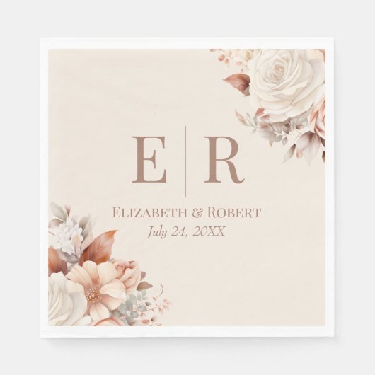 Blush Floral Mocha Mousse Monogram Wedding Serviette (Vorderseite)