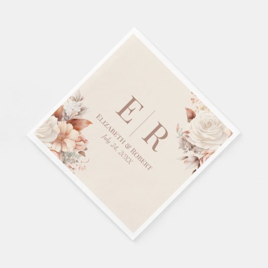 Blush Floral Mocha Mousse Monogram Wedding Serviette (Ecke)