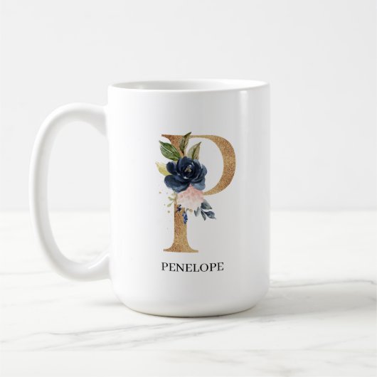 Blush Floral Monogram Letter "P" Personalisiert Kaffeetasse (Links)