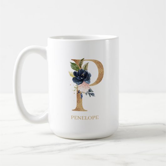 Blush Floral Monogram Letter "P" Personalisiert Kaffeetasse (Links)