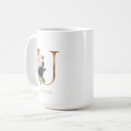 Blush Floral Monogram Letter "U" Personalisiert Kaffeetasse (Vorderseite Links)