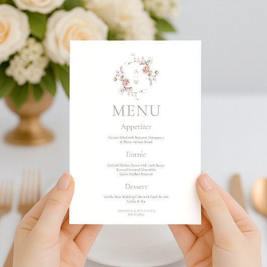 Blush Floral Monogram Two-Sided Wedding Menu Einladung