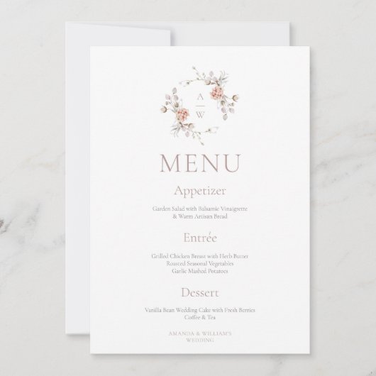 Blush Floral Monogram Two-Sided Wedding Menu Einladung (Vorderseite)
