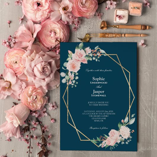 Blush Floral Navy Einladung zum Hochzeitsfeiern