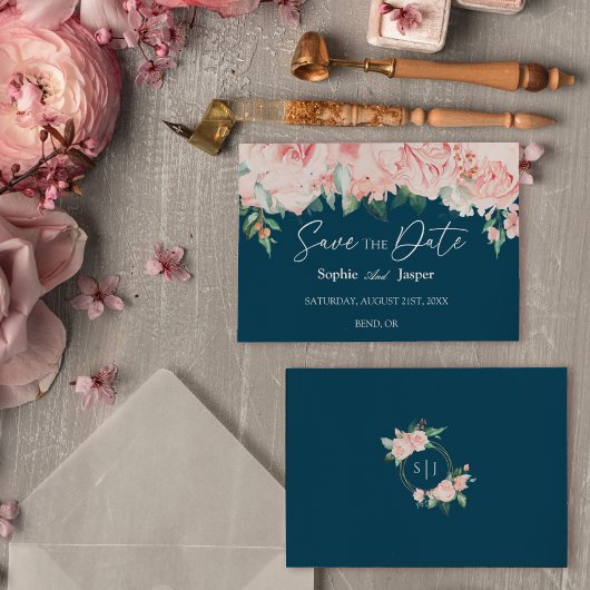 Blush Floral Navy Flat Save the Date Karte