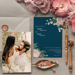 Blush Floral Navy Foto Einladung Hochzeit