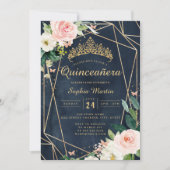 Blush Floral Navy Geometric Butterfly Quinceanera Einladung (Vorderseite)