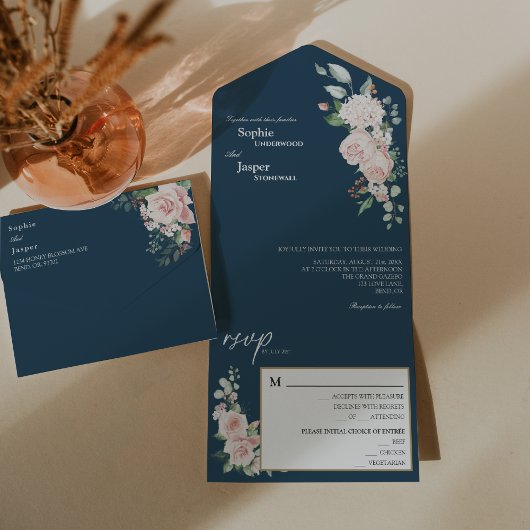 Blush Floral Navy Hochzeit alle in einer Einladung