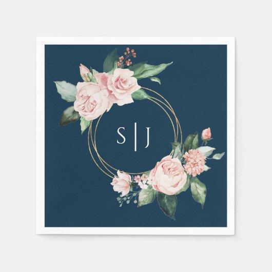 Blush Floral Navy Hochzeit Monogram Napkins Serviette (Vorderseite)