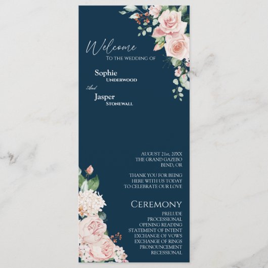 Blush Floral Navy Hochzeitsprogramm Programm (Vorderseite)
