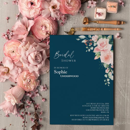 Blush Floral Navy Hochzeitssemble Brautparty Einladung