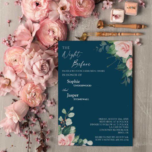 Blush Floral Navy Night Before Probe Dinner Einladung