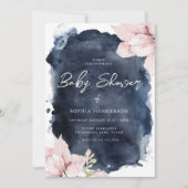 Blush Floral & Navy Wasserfarbe Splash Baby Dusche Einladung (Vorderseite)
