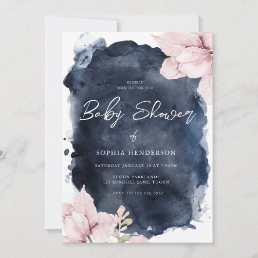 Blush Floral & Navy Wasserfarbe Splash Baby Dusche Einladung (Vorderseite)