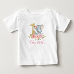 Blush Floral Niedlich Baby Elephant 1. Geburtstag T-shirt