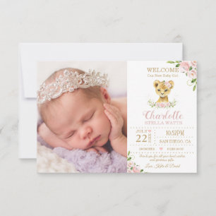 Blush Floral Niedlich Lion Cub New Baby Foto Birth Ankündigung