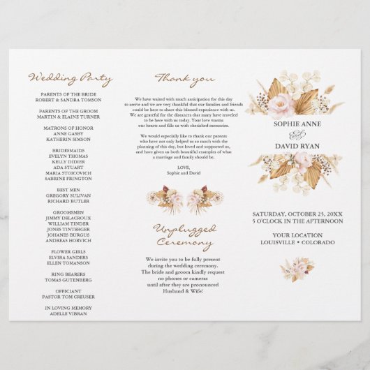 Blush Floral Pampas Grass Tri+Fold Hochzeitsprogra Flyer (Vorne)