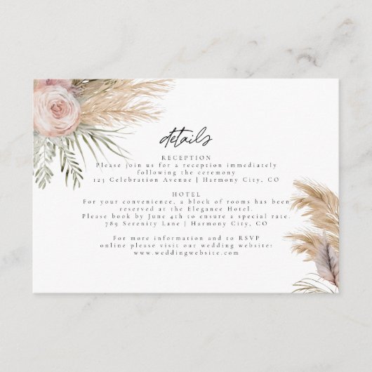 Blush Floral Pampas Grass Wedding Details Card Begleitkarte (Vorderseite)