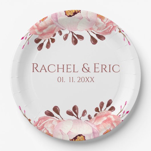 Blush Floral Paper Plate mit Individuellen Namen Pappteller (Vorderseite)