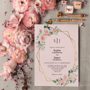 Blush Floral Pink Einfache Mongram Hochzeit Einladung