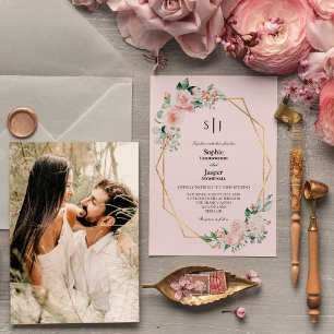 Blush Floral Pink Einfache Monogramm Foto Hochzeit Einladung