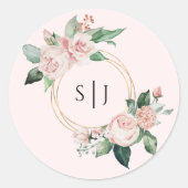 Blush Floral Pink Monogram Wedcker Runder Aufkleber (Vorderseite)