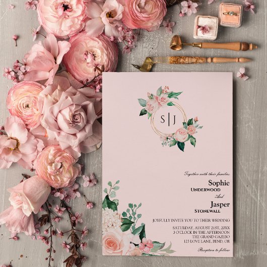 Blush Floral Pink Monogram Weditation Einladung