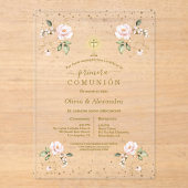 Blush Floral Primera Comunión Twins Holy Communion Acryleinladungen (Vorderseite)