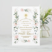 Blush Floral Primera Comunión Twins Holy Communion Einladung (Stehend Vorderseite)