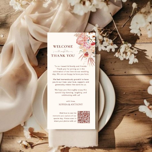 Blush Floral QR Code Hochzeit Danke Karte