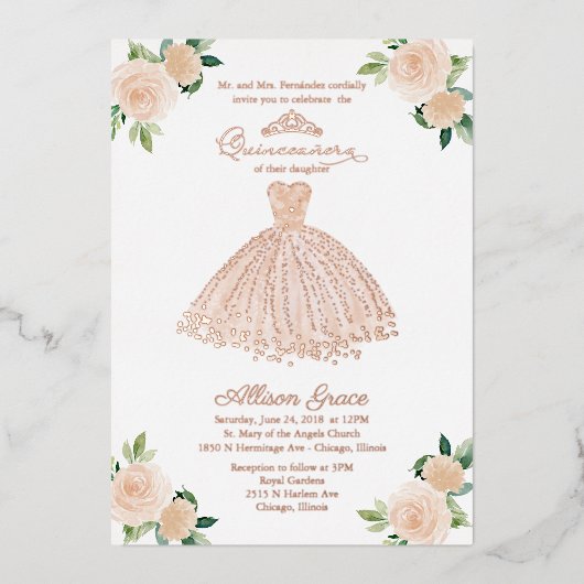 Blush Floral Quinceanera Folieneinladung (Vorderseite)