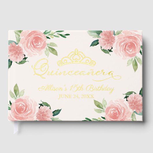 Blush Floral Quinceanera Gästebuch (Vorderseite)