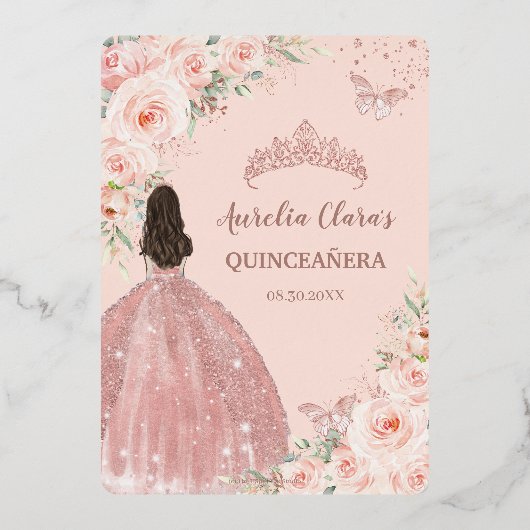 Blush Floral Quinceañera Quince 15 XV Rose Gold Folieneinladung (Rückseite)