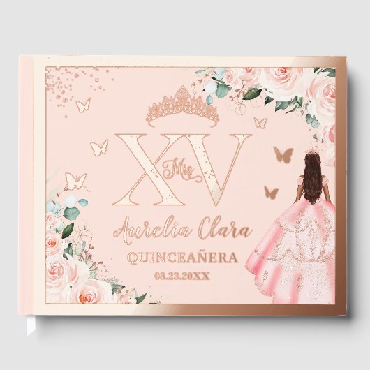 Blush Floral Quinceañera Quince 15 XV Rose Gold Gästebuch (Vorderseite)