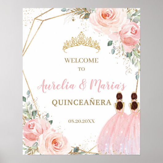 Blush Floral Quinceañera Twins Gemeinsamer Geburts Poster (Vorne)