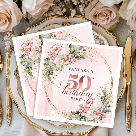 Blush Floral Rose Gold 50th Birthday Beverage   Serviette