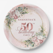 Blush Floral Rose Gold 50th Birthday Party Plates Pappteller (Vorderseite)