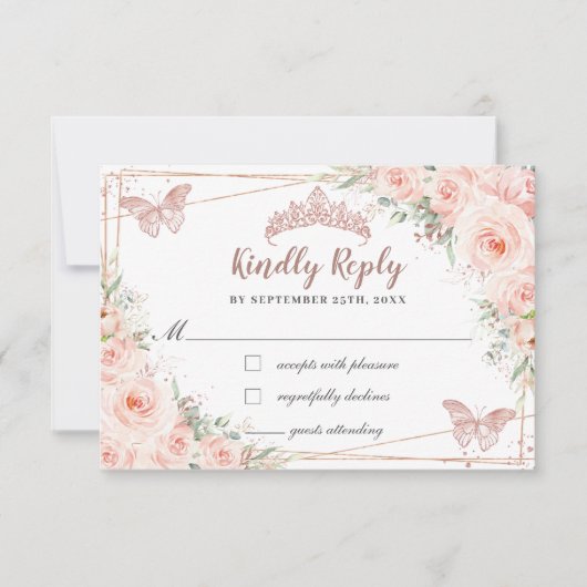 Blush Floral Rose Gold Butterfly Quinceañera Antwo RSVP Karte (Vorderseite)