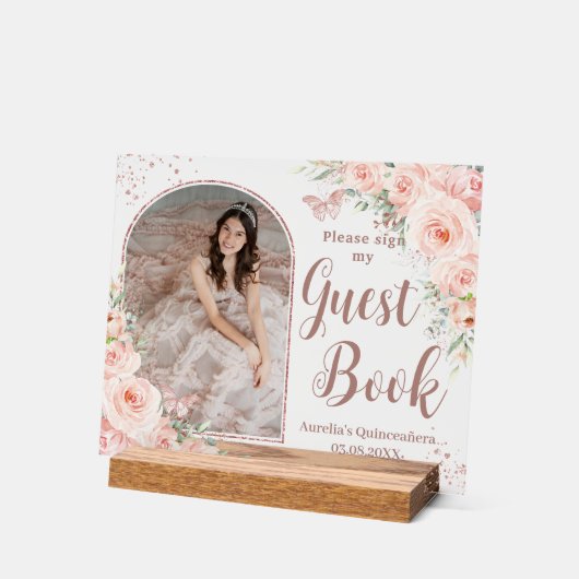 Blush Floral Rose Gold Quinceanera 16 Gästebuch Acrylschild (Winkel)