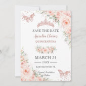 Blush Floral Rose Gold Quinceanera Butterfliegen Save The Date (Vorderseite)