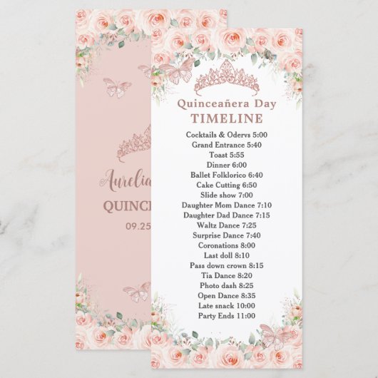 Blush Floral Rose Gold Quinceanera Day Timeline Programm (Vorne/Hinten)