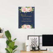 Blush Floral Rose Navy Gold Hochzeit Begrüßungszei Poster (Heimbüro)